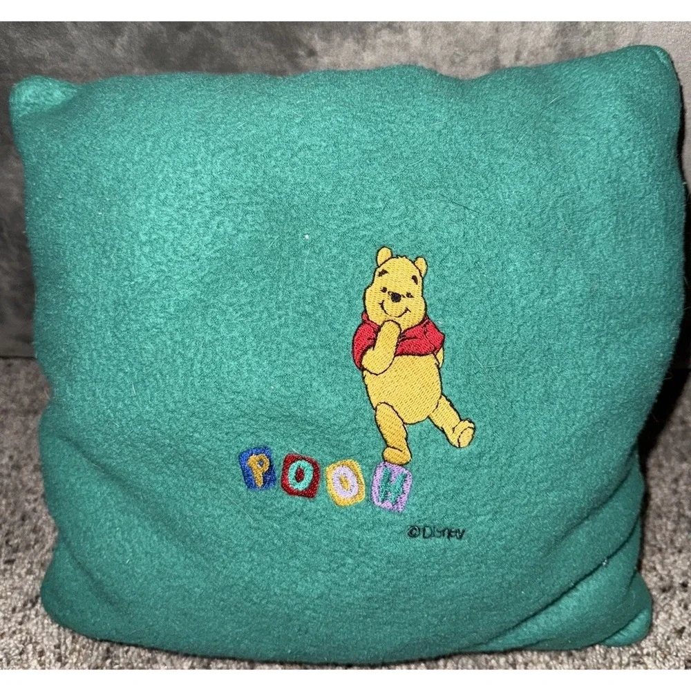 Vtg Disney Winnie‎ the Pooh Embroidered Green Fleece Decorative  Pillow 13